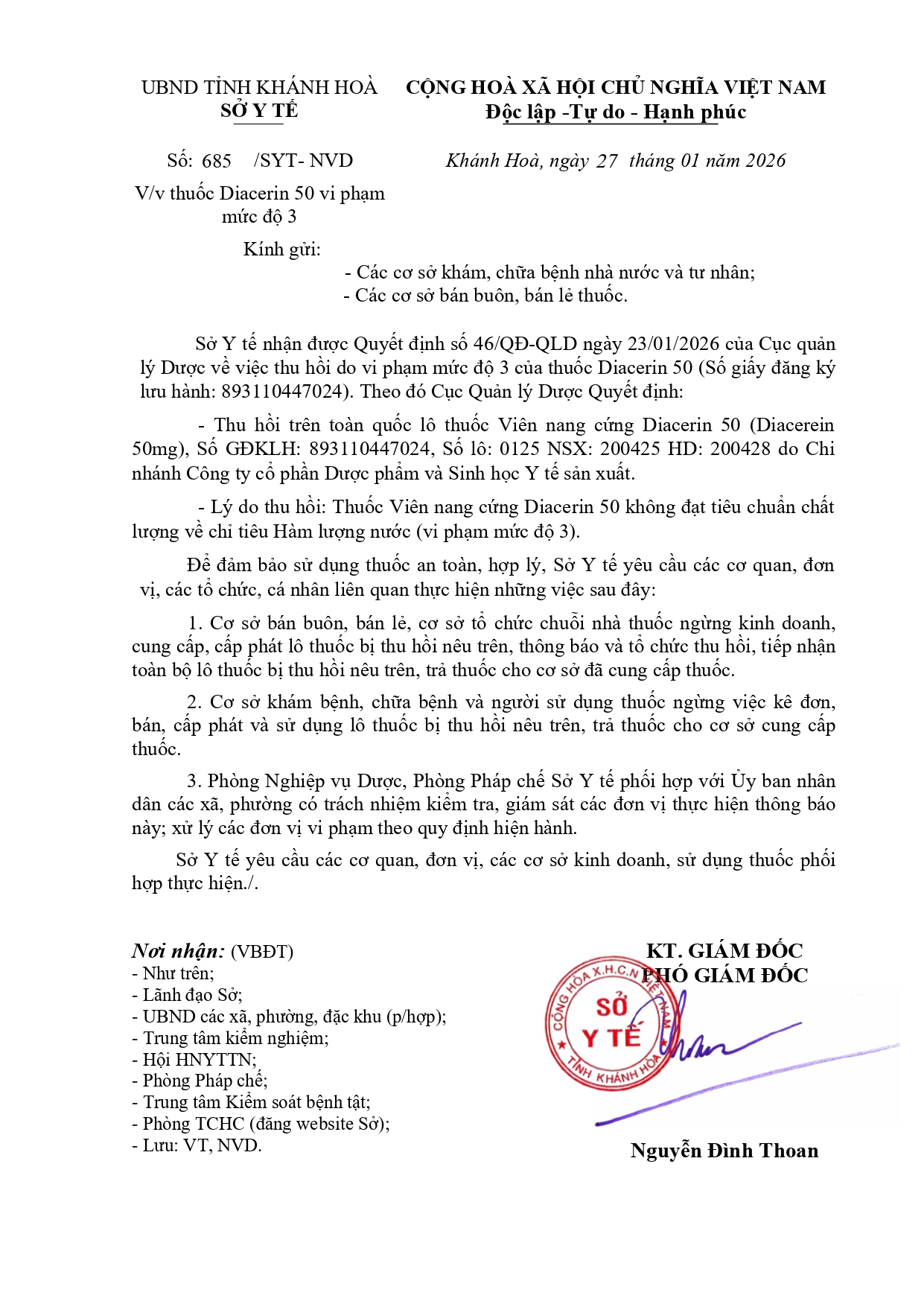 V/v thuốc Diacerin 50 vi phạm mức độ 3